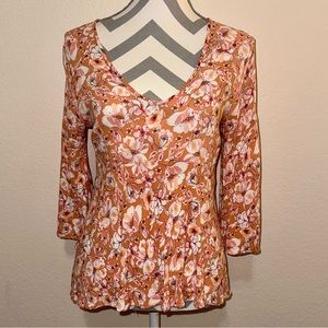 Rachel Zoe Orange Floral Print V Neck 3/4 Flare Statement Bell Sleeve Blouse S